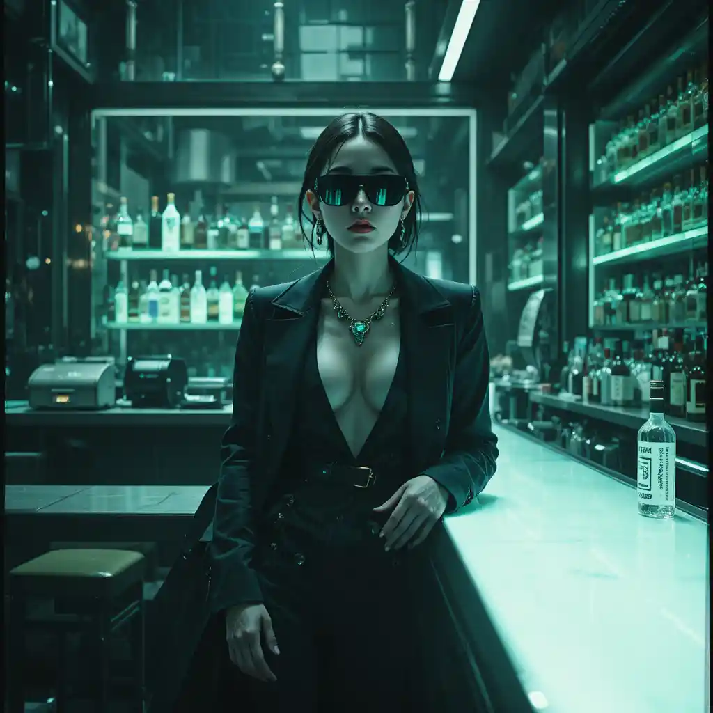 Cyber noir woman at empty bar in stark monochrome