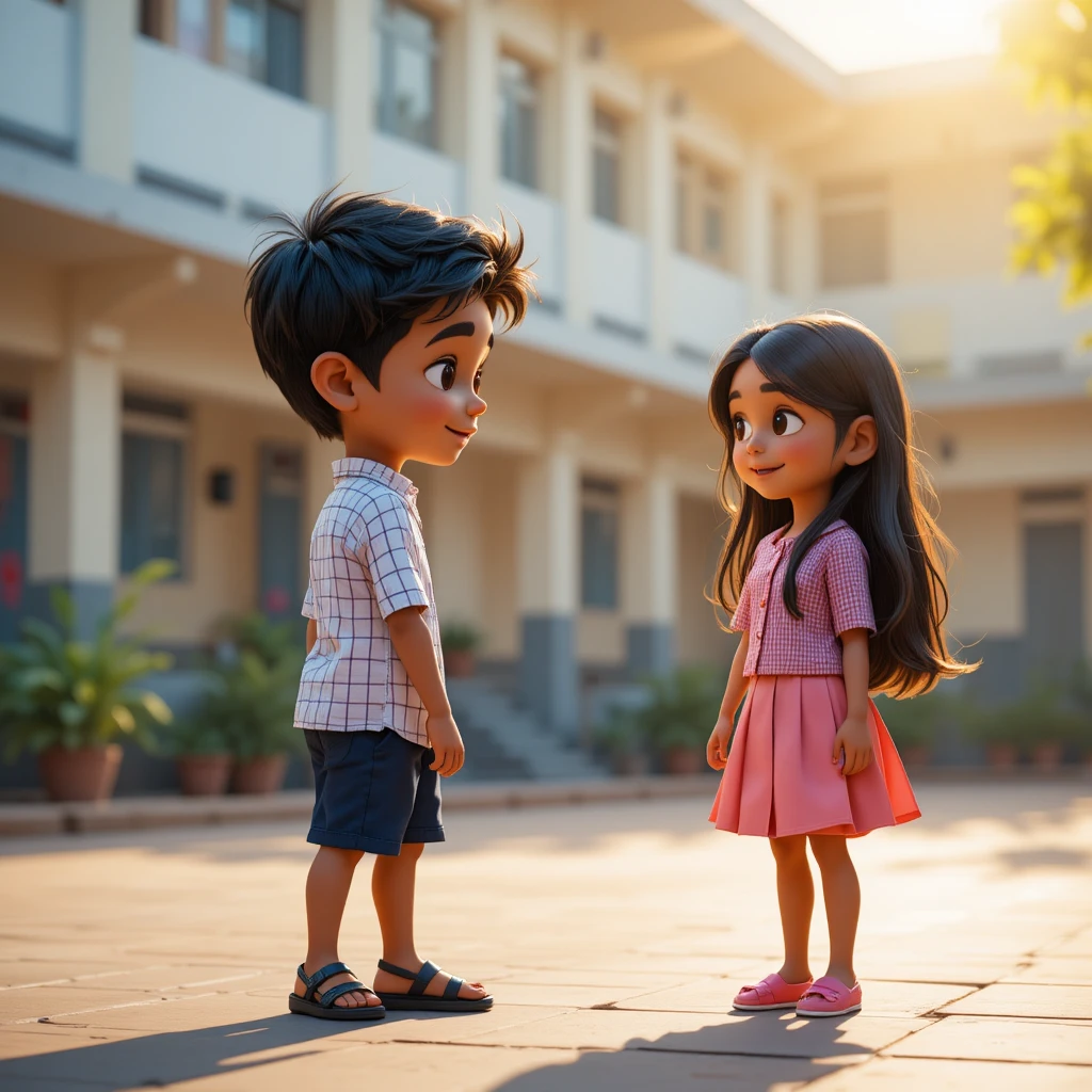 Joven mira a una chica al otro lado de un soleado patio escolar