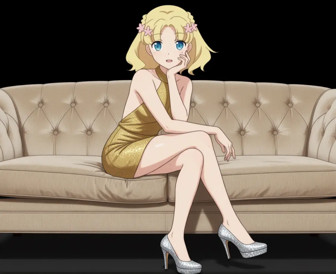 Woman in golden top seated on sofa leaning forward