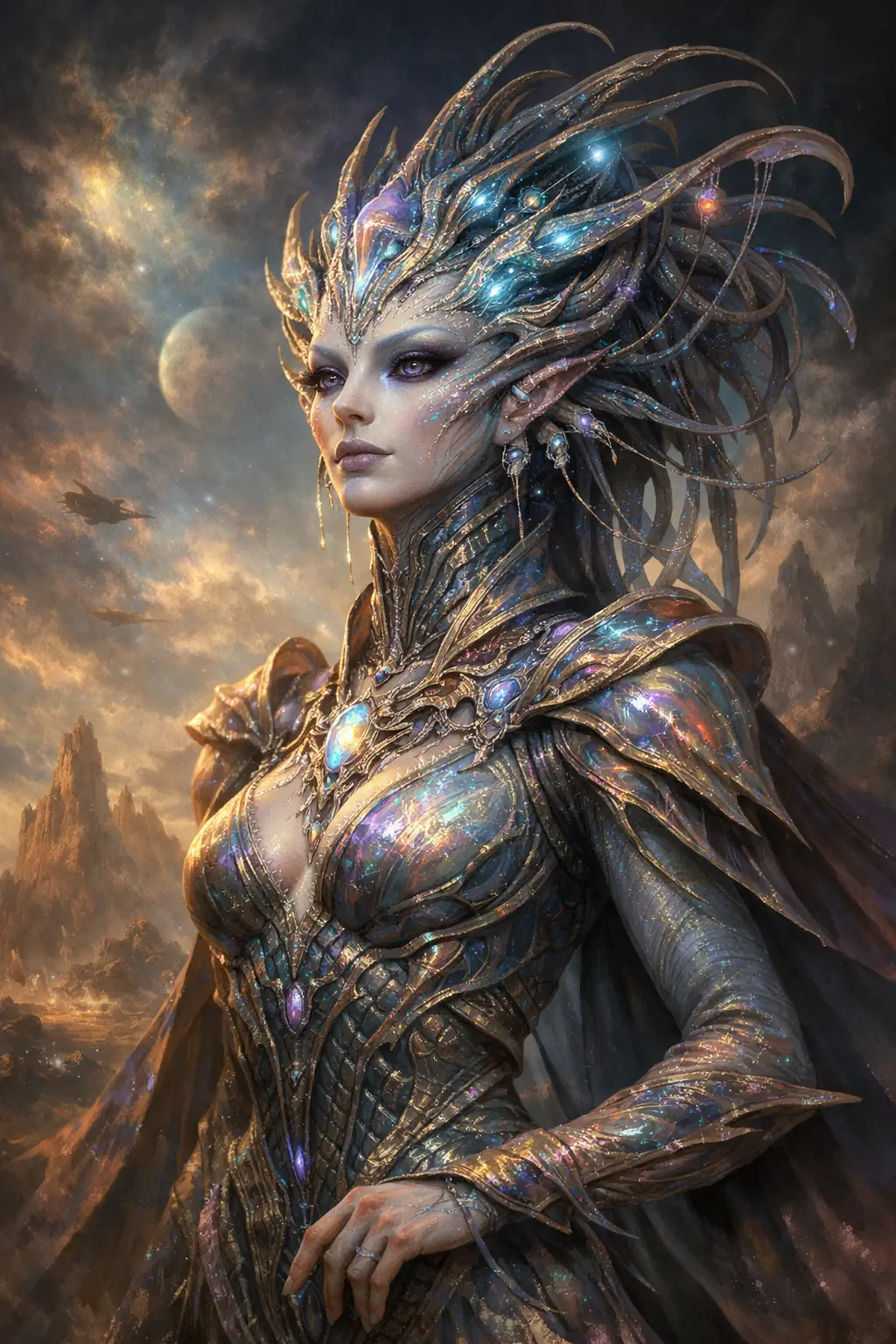 Alien empress portrait with intricate extraterrestrial attire
