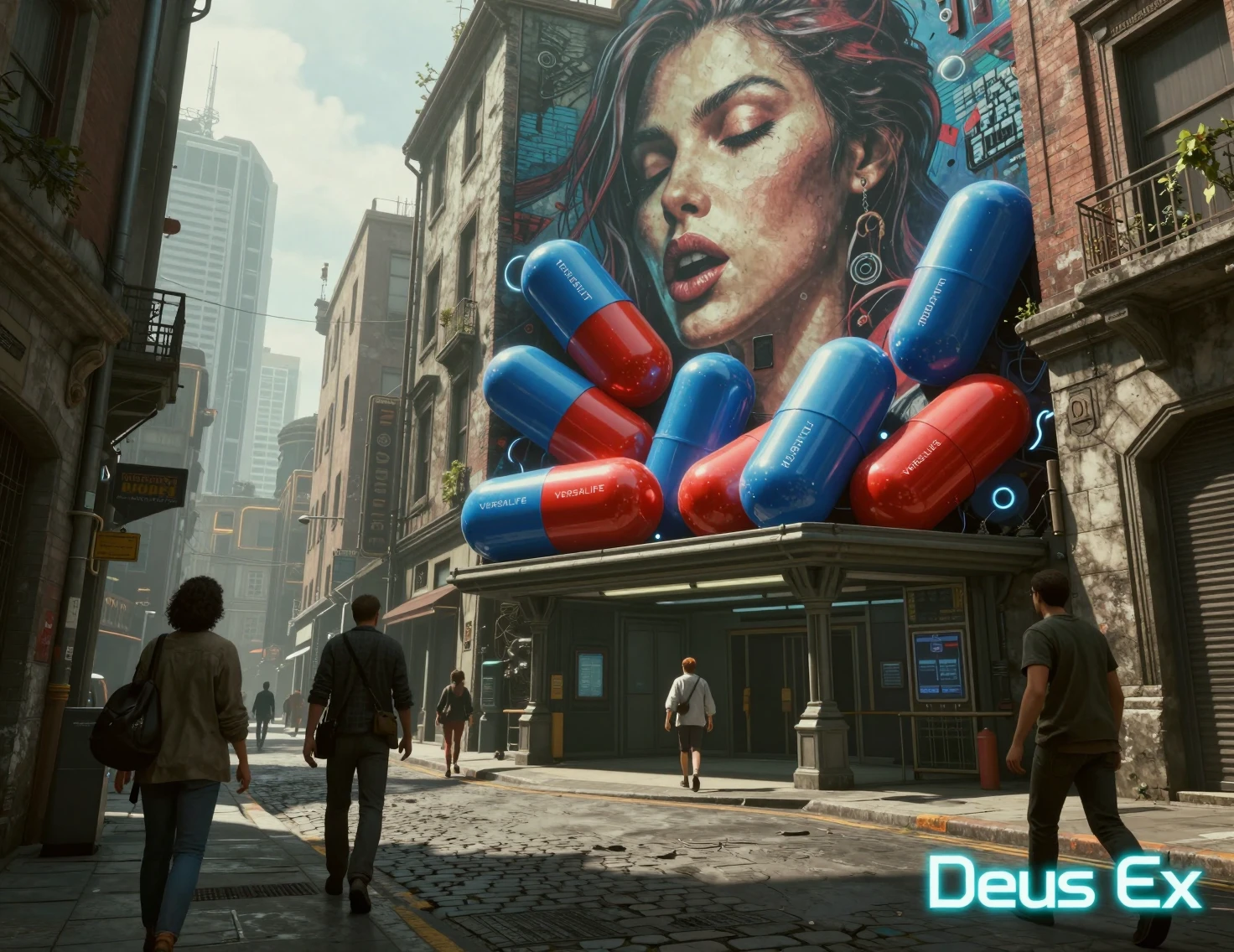 Futuristische Kapseln über Wandgemälde in schmaler Stadtstraße