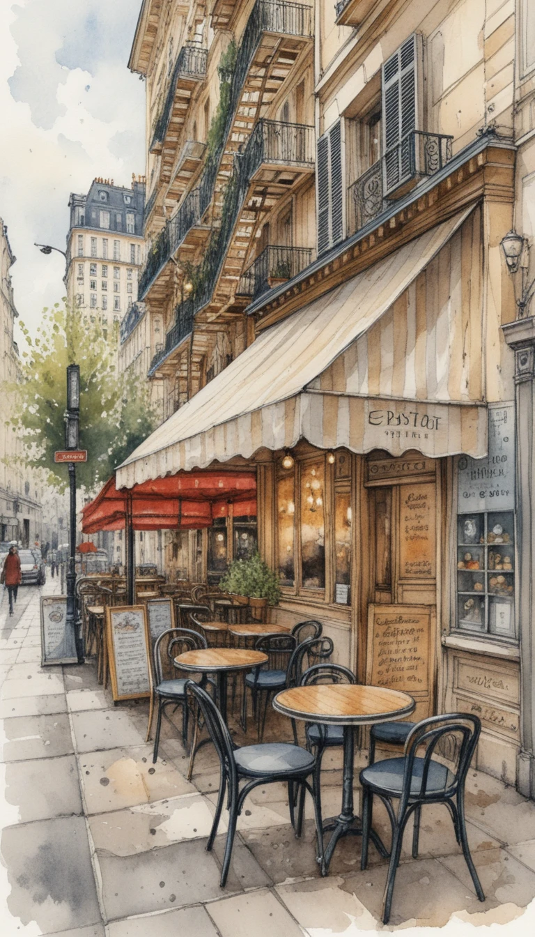 Straßencafé in Paris mit detaillierter architektonischer Aquarell-Illustration