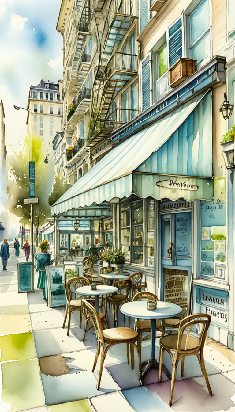 Pariser Straßencafé mit architektonischer Aquarellillustration