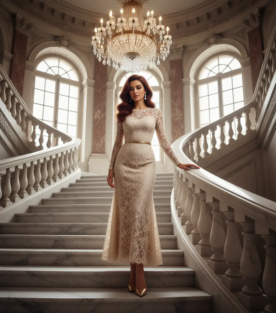 Elegant woman posing on grand marble mansion staircase