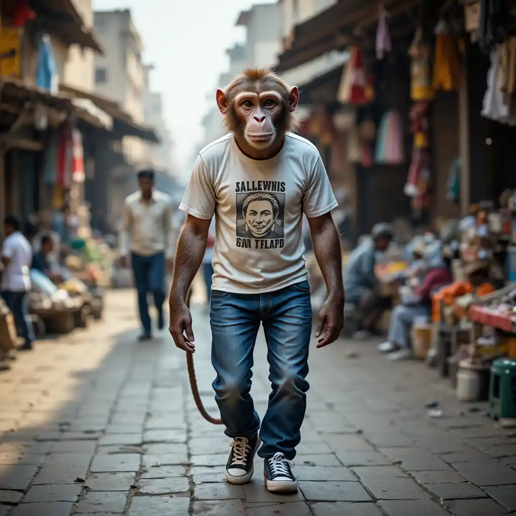 Affe in Menschenkleidung läuft durch indischen Straßenmarkt