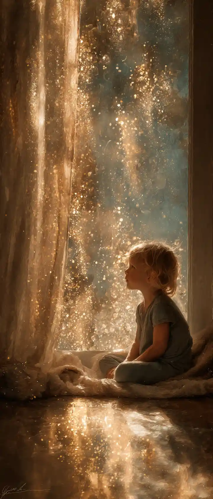 Young child by a rainy window in warm golden light