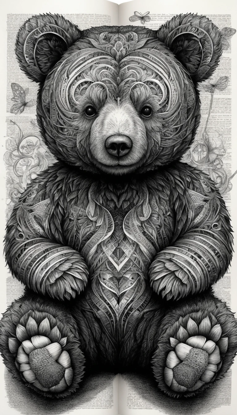 Intricate Ink Teddy Bear Formed From Stacked Book Elements