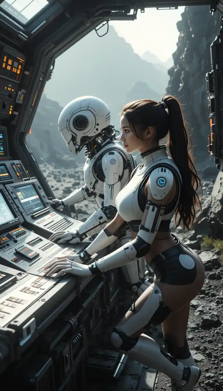 Sci fi woman and robot at futuristic outpost control panels