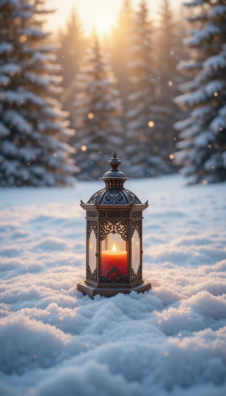 Lanterna de bronze com vela carmesim brilhando na neve de inverno