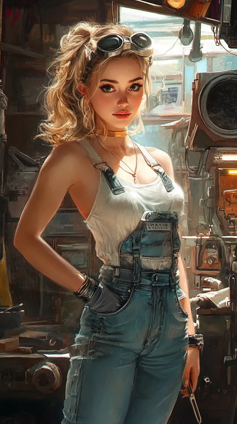 Mécanicienne fantastique dans un atelier auto steampunk urbain