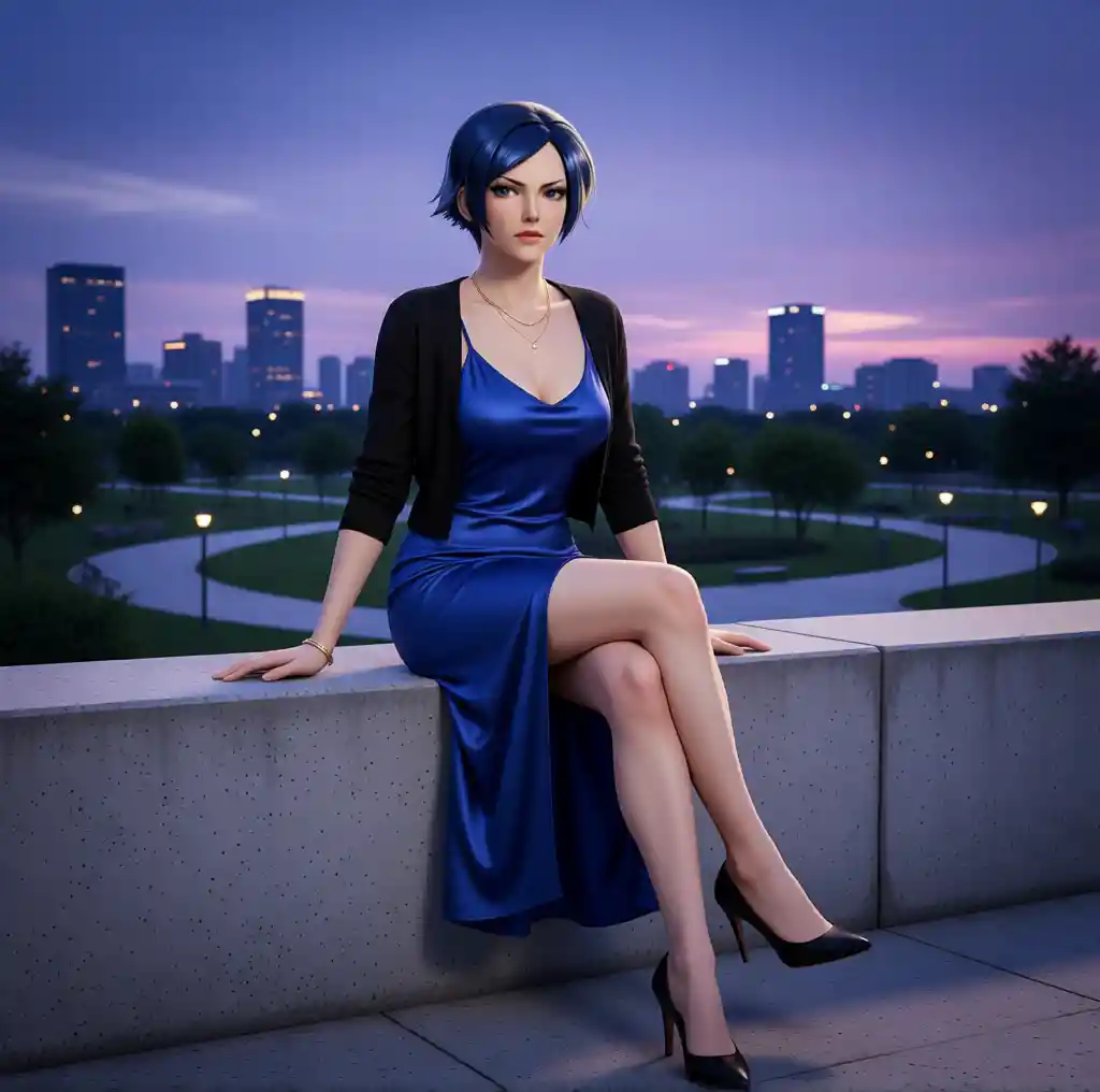 Donna in abito blu seduta vicino a un parco urbano al crepuscolo