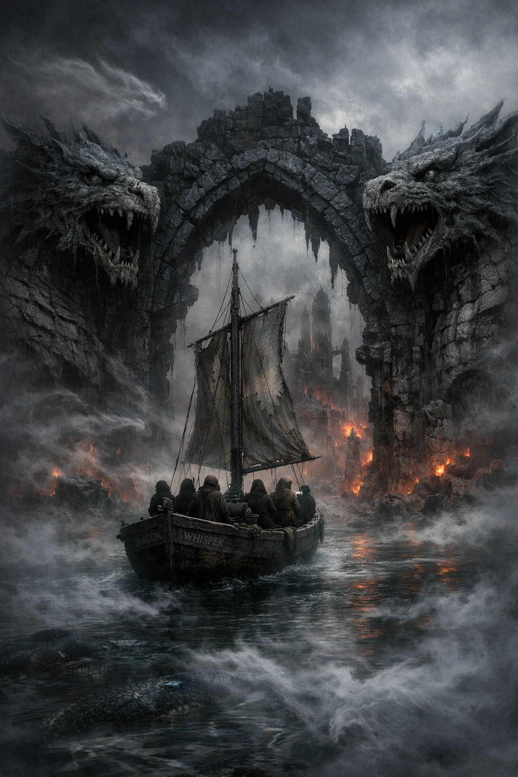 Fishing boat approaches ruined city through dense volcanic fog