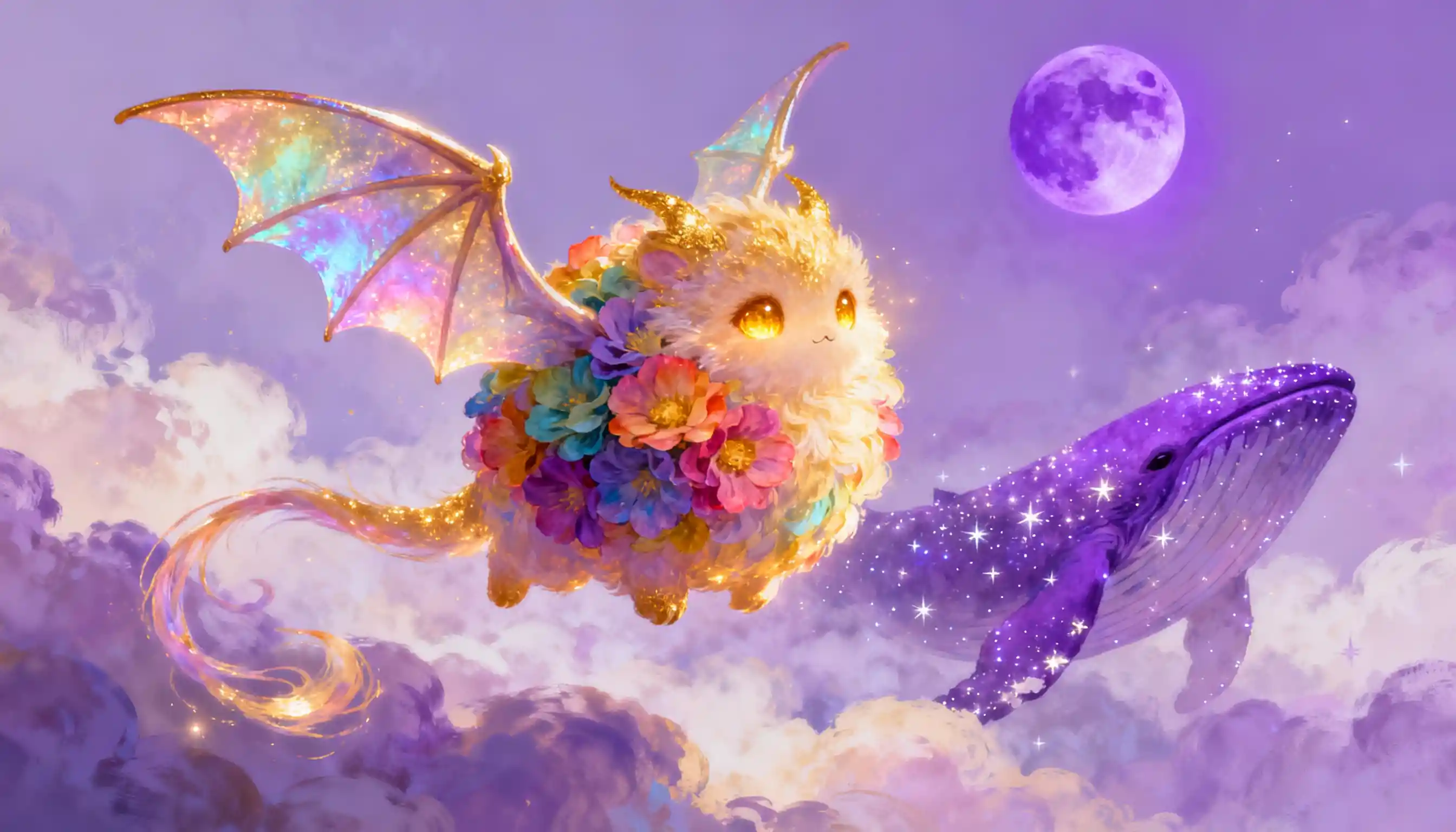 Luminescent fantasy creature with wings in lilac dreamscape
