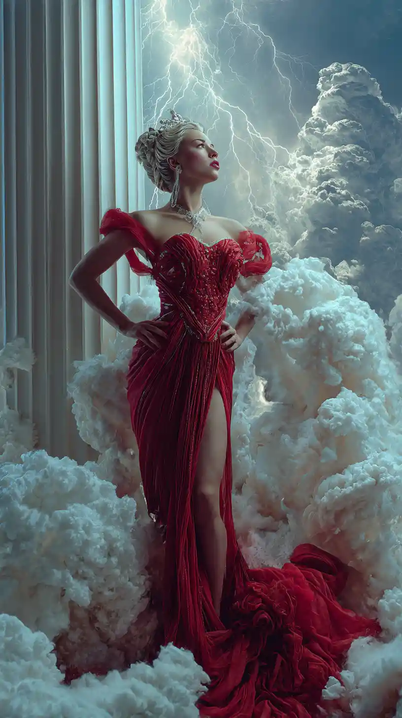Fantasy femme fatale empress in surreal glowing pillar landscape