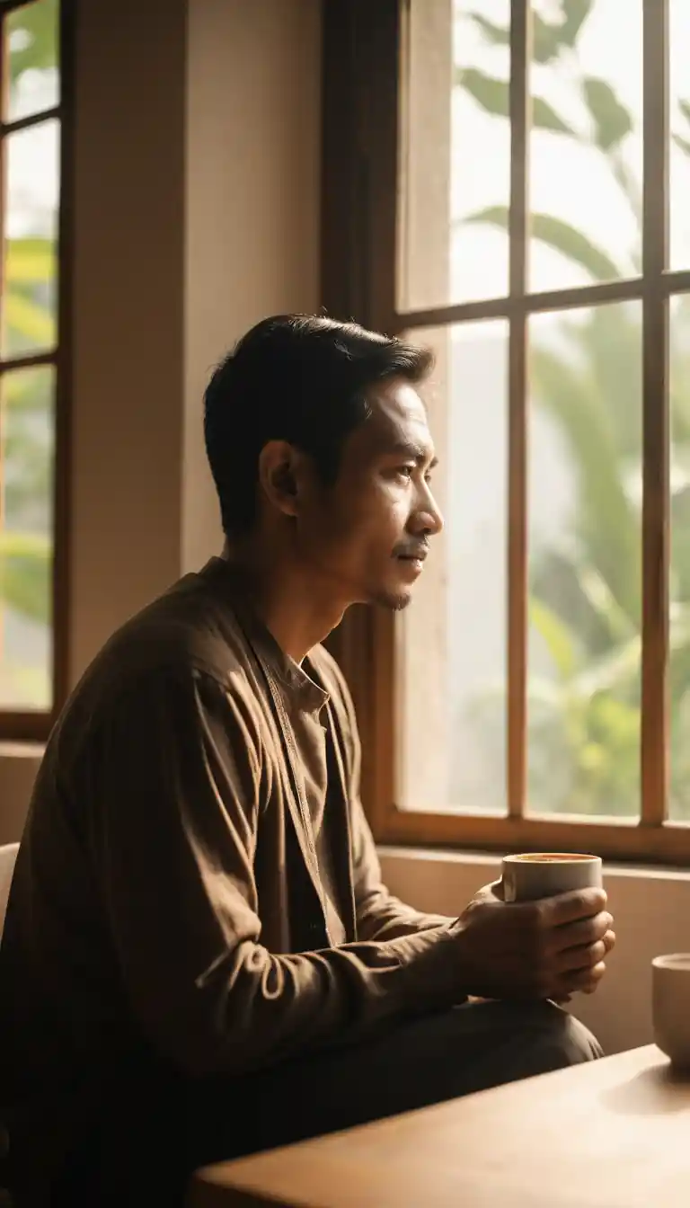 Indonesischer Mann mit Morgenkaffee am sonnenbeschienenen Fenster