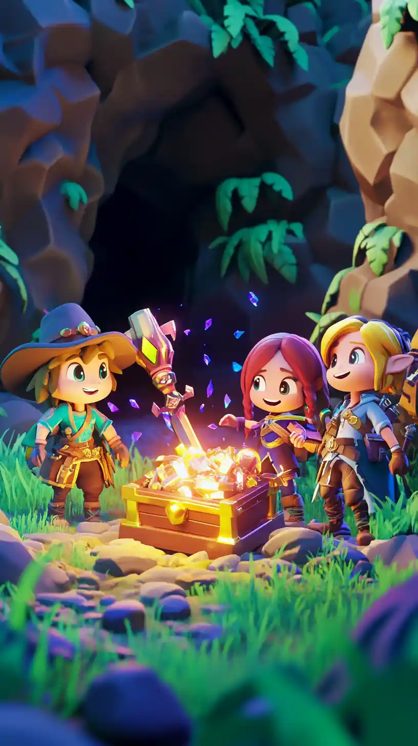 Chibi adventurers with treasure chest at cave entrance