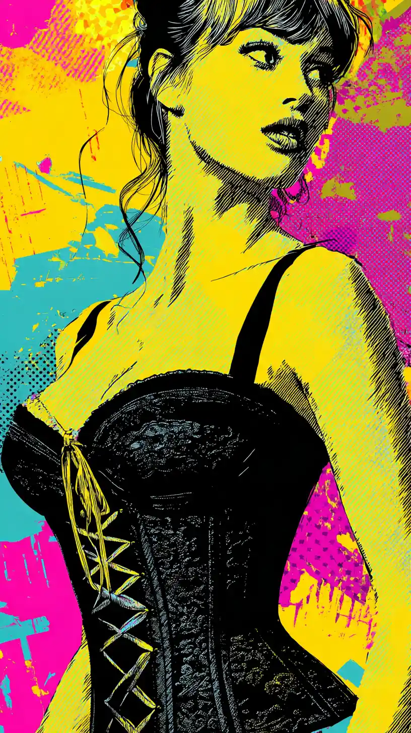 Corselete simbólico que representa dor e sofrimento em estilo pop art