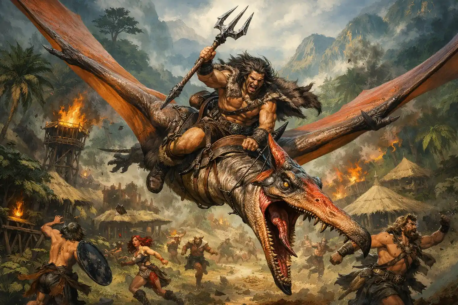 Bárbaro Montando un Pterodáctilo Sobre una Aldea en la Jungla