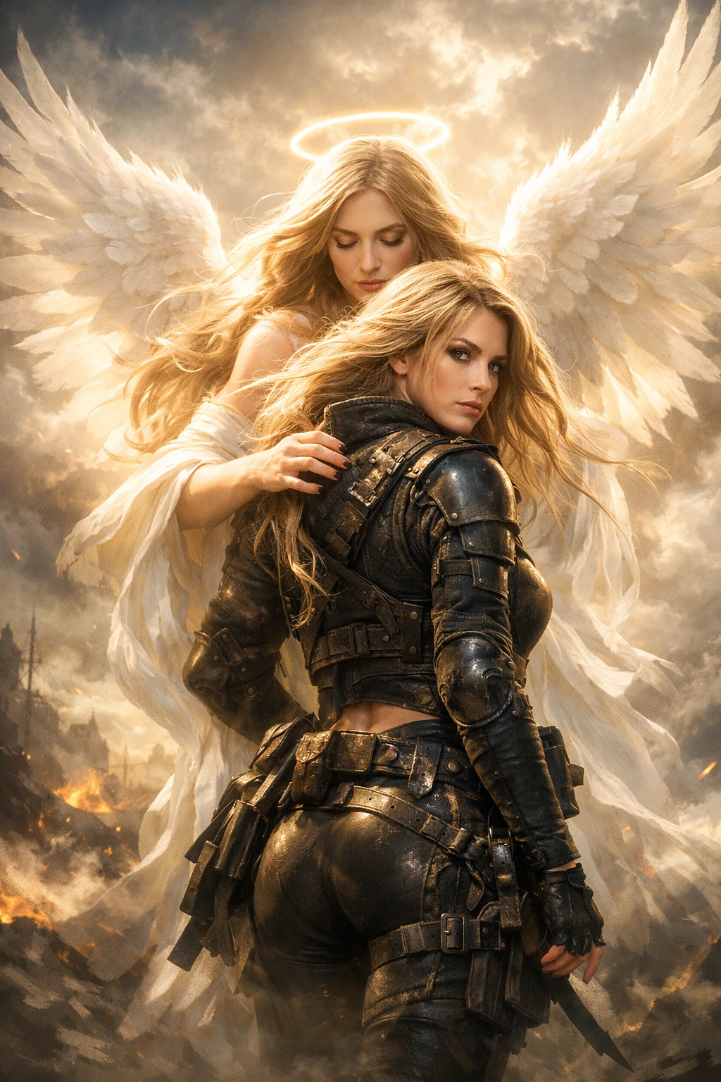 Guerreira loira protegida por um anjo radiante