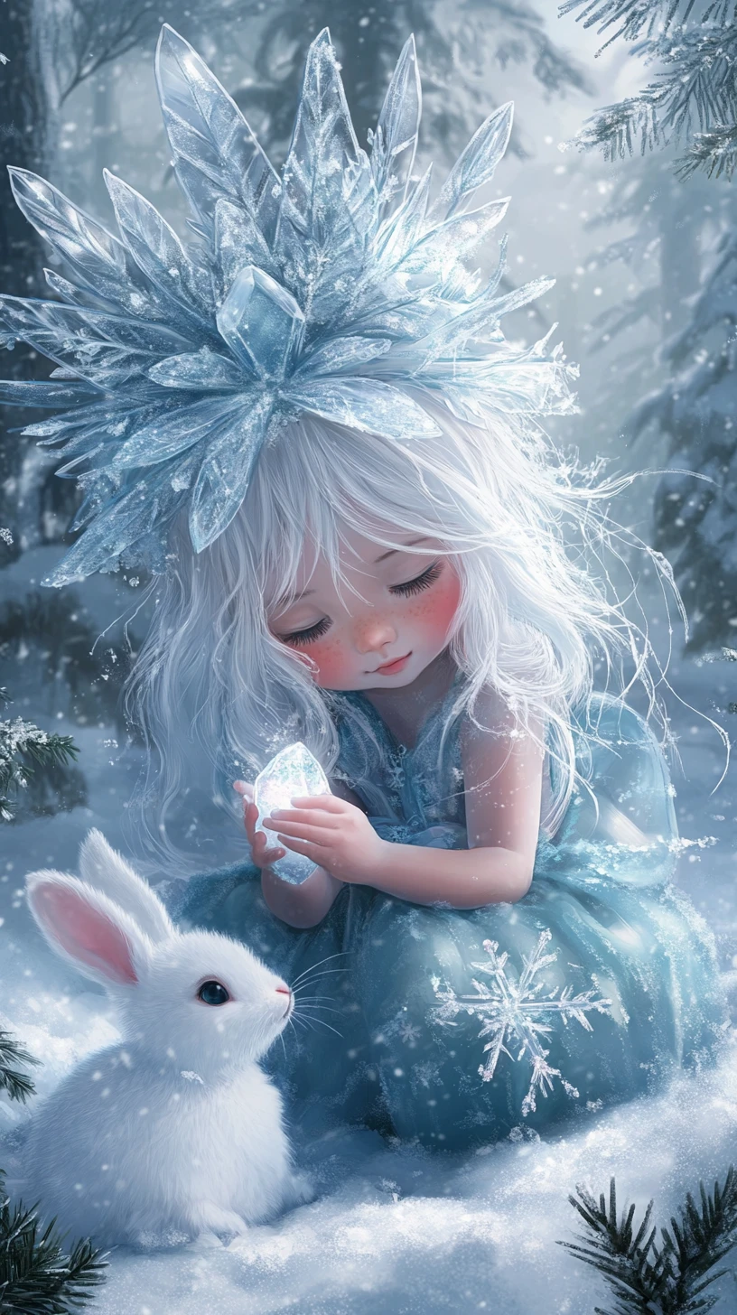 Enfant fée de l’hiver avec lapin de neige dans une clairière forestière paisible