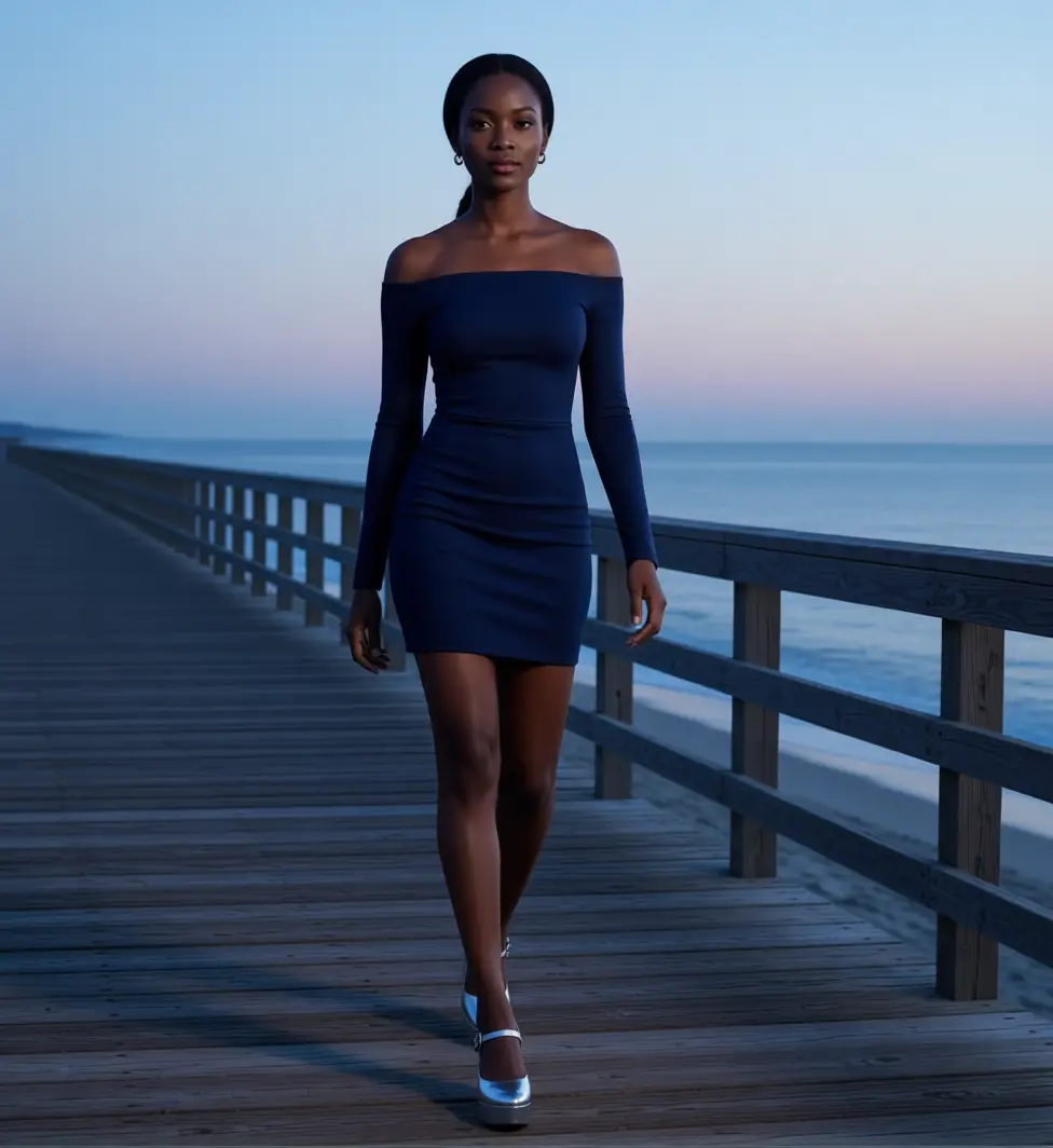 Woman walking along a coastal boardwalk at early evening
