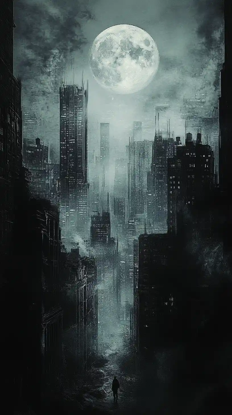 Surreal city under a silver moon with a lone dark figure