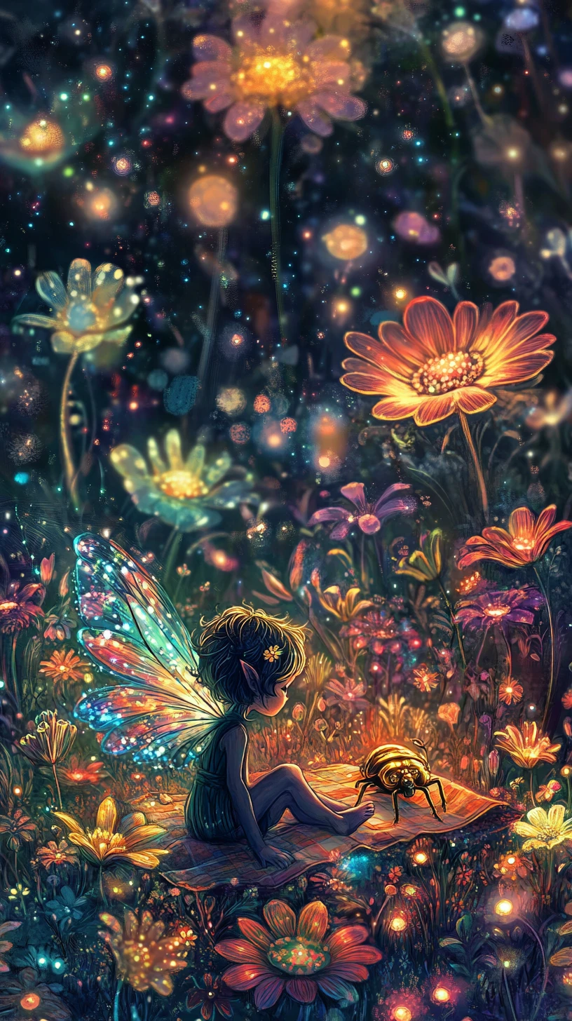 Tiny forest sprite and golden beetle in glowing meadow