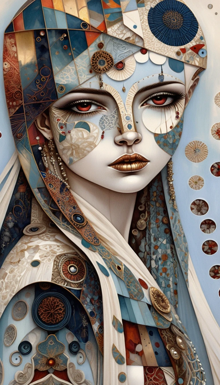 Surreal cyan faced woman collage with red eyes and gold lips