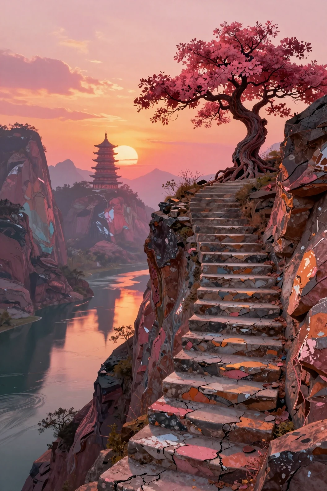 Stone staircase to a lone tree above sunset mountains
