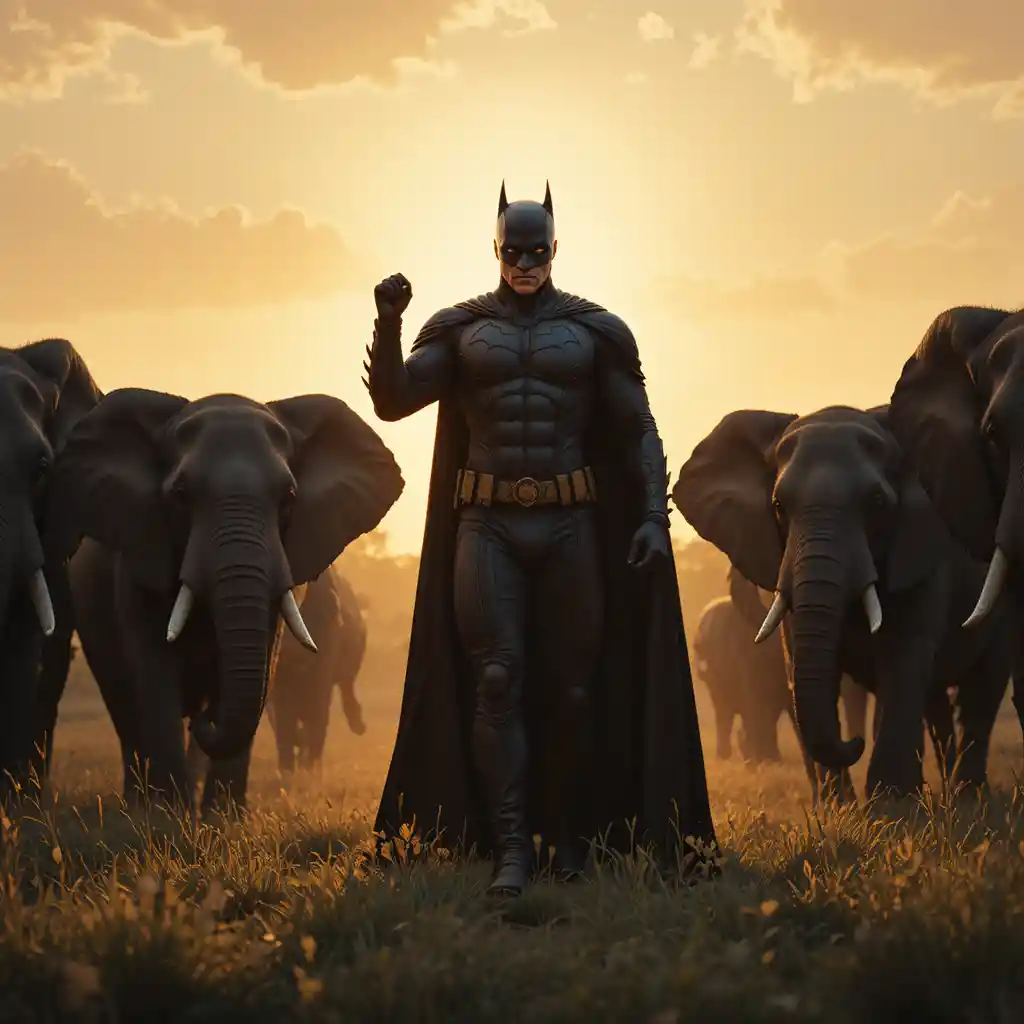 Caped superhero faces wary elephants on sunset savanna