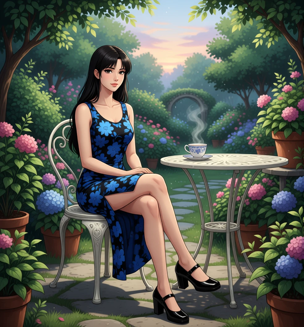 Young woman in floral dress at garden style cafe table