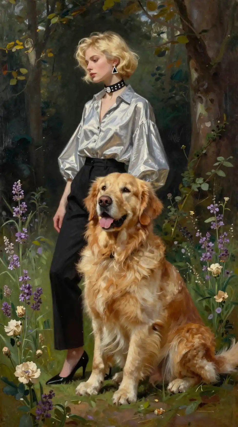 Elegante mujer rubia junto a un golden retriever