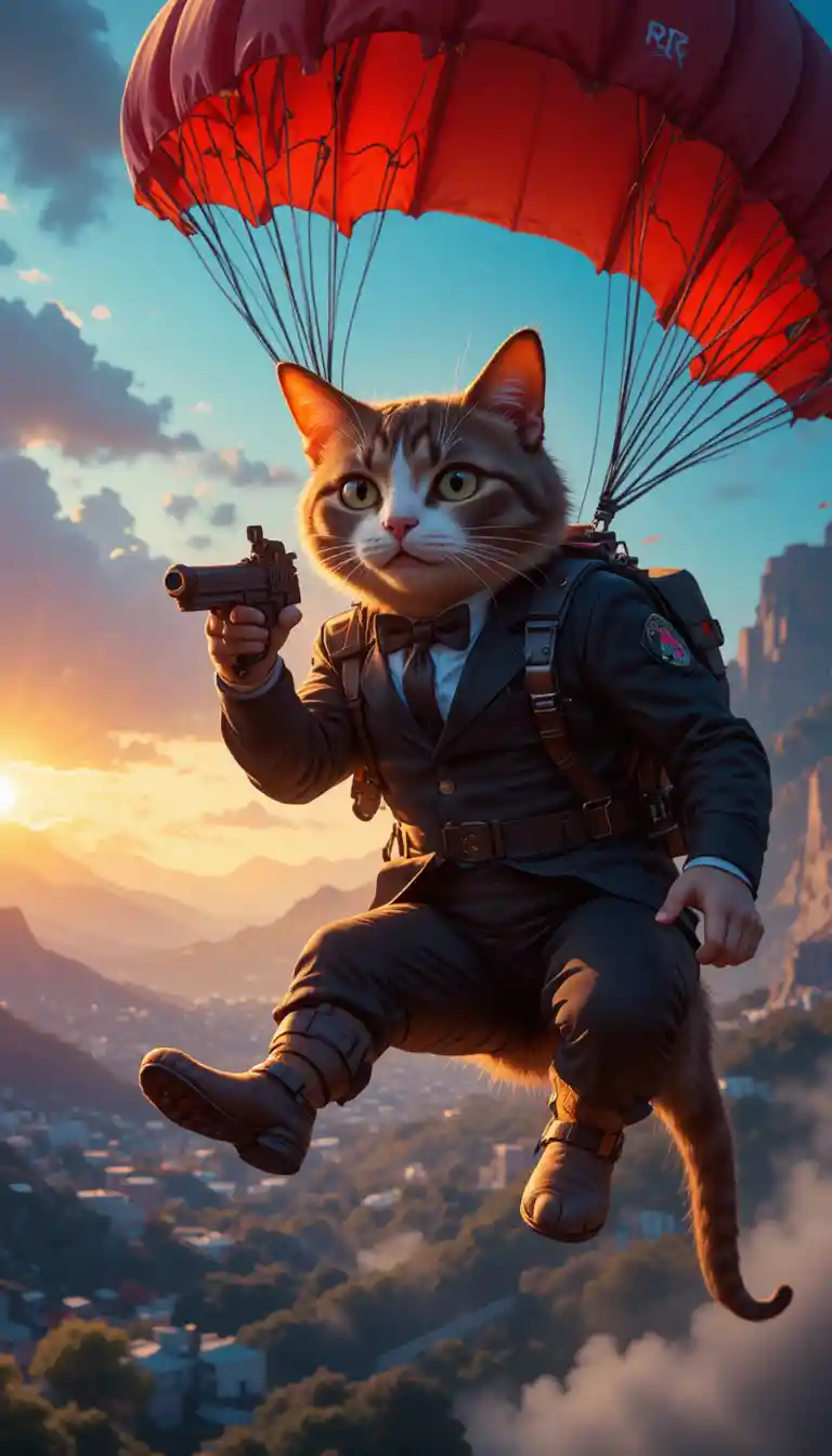 Cat with tactical parachute descending through dramatic sky