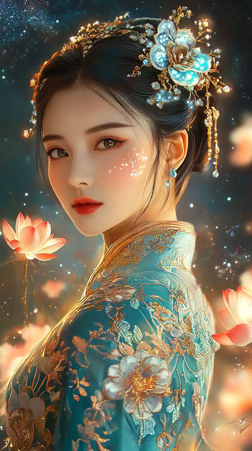 Ethereal girl in teal qipao amid cosmic lotus flowers