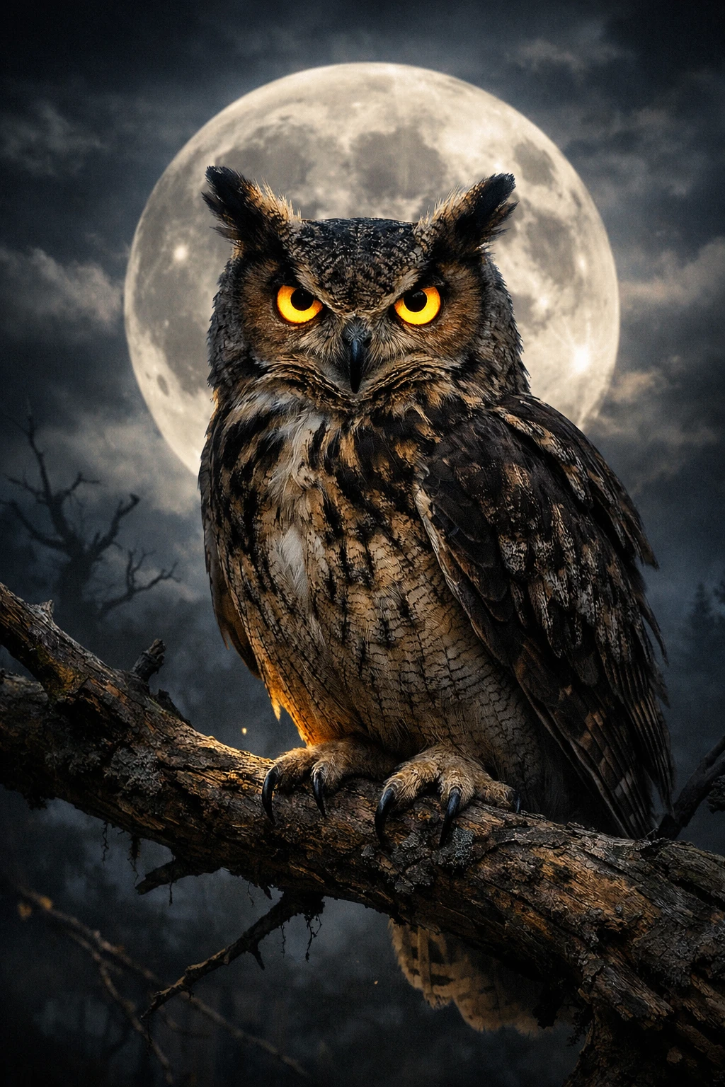 Wise owl perched before a glowing full moon at night