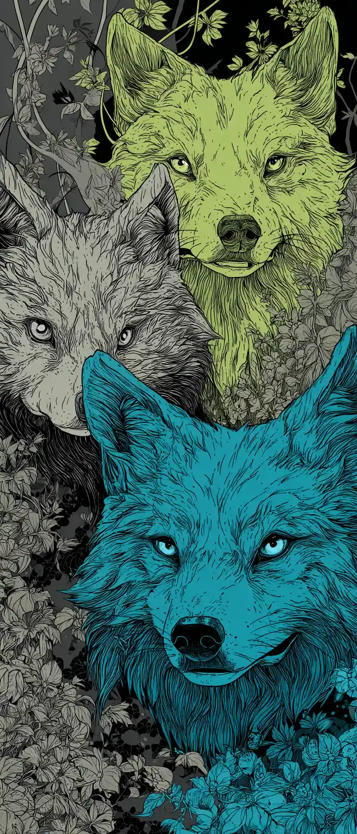 Colorful manga wolf in stylized vibrant illustration