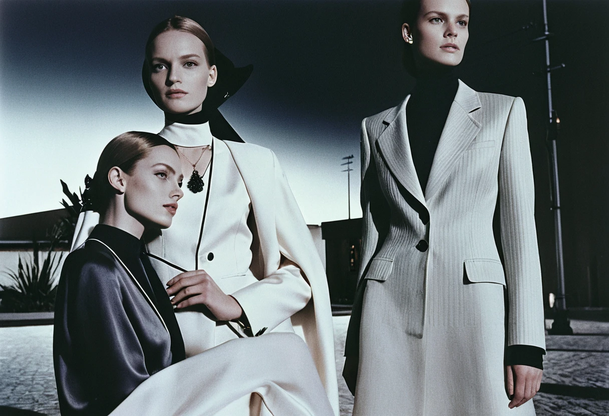 Weibliche Models in minimalistischer Schwarz-Weiß-Modekampagne