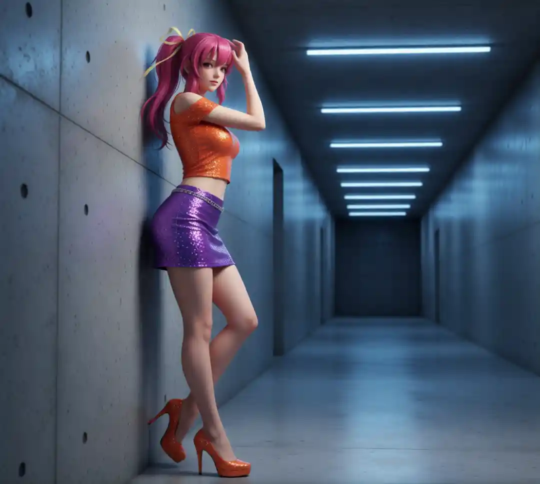 Confident woman posing in blue lit concrete hallway