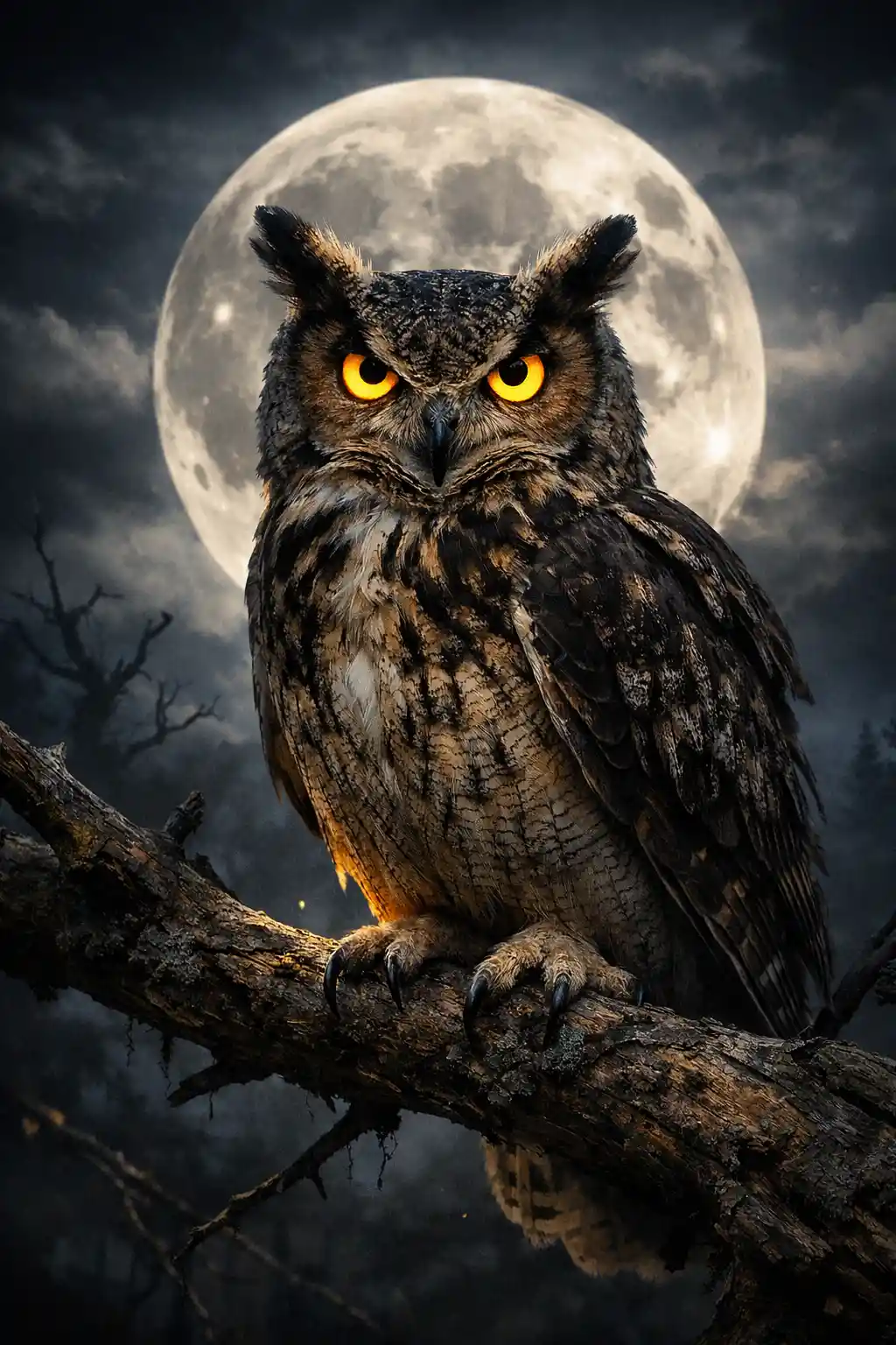 Coruja sábia pousada diante de uma lua cheia brilhante à noite