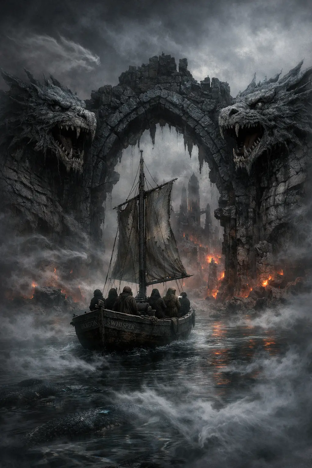 Fishing boat approaches ruined city through dense volcanic fog