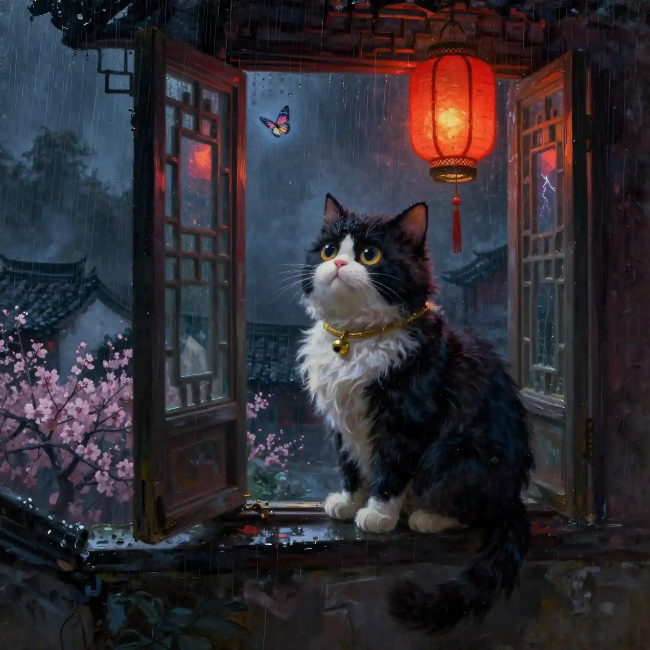 Tuxedo cat at an open window watching a stormy night