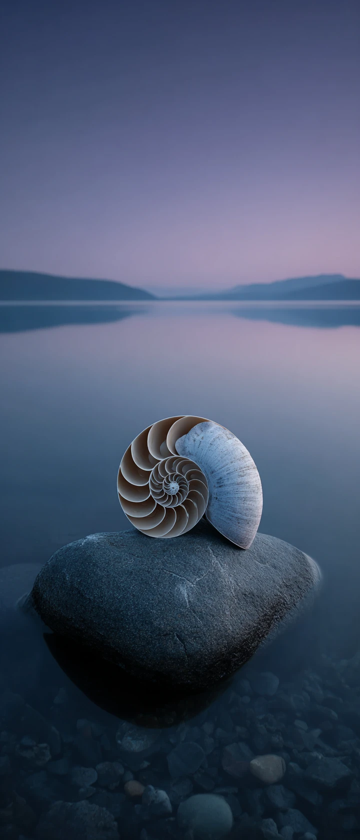 Nautilus shell on dark stone by a still twilight lake