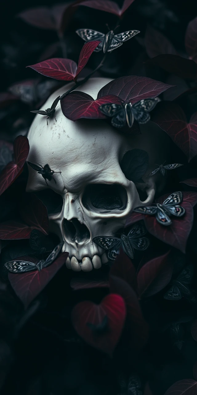 Human skull with moths and dark heart shaped leaves