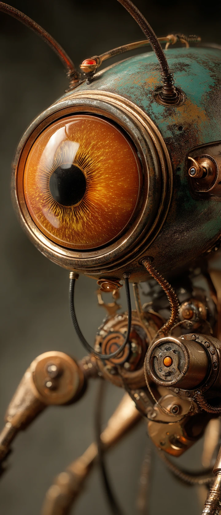 Cabeza de araña biomecánica steampunk con un solo ojo brillante