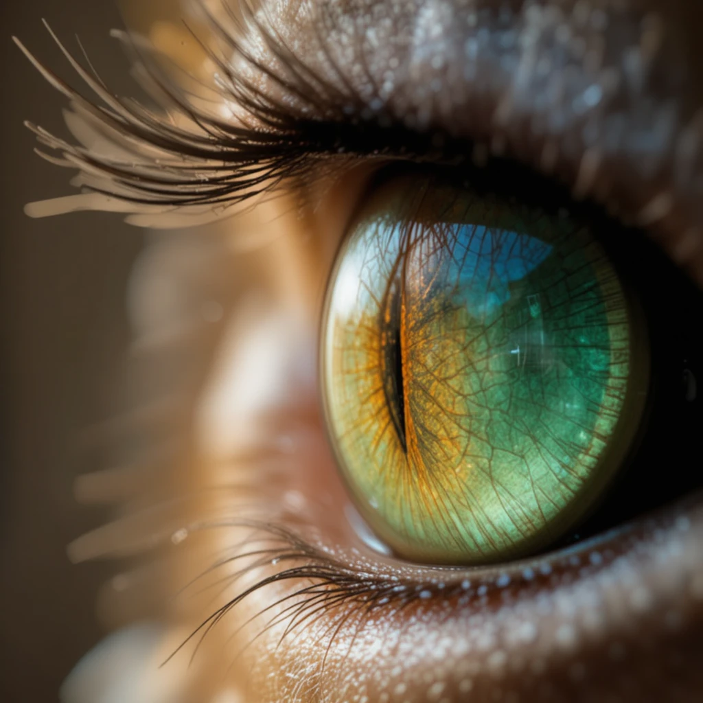 Primissimo piano estremo di un occhio di gatto in una luce calda e soffice