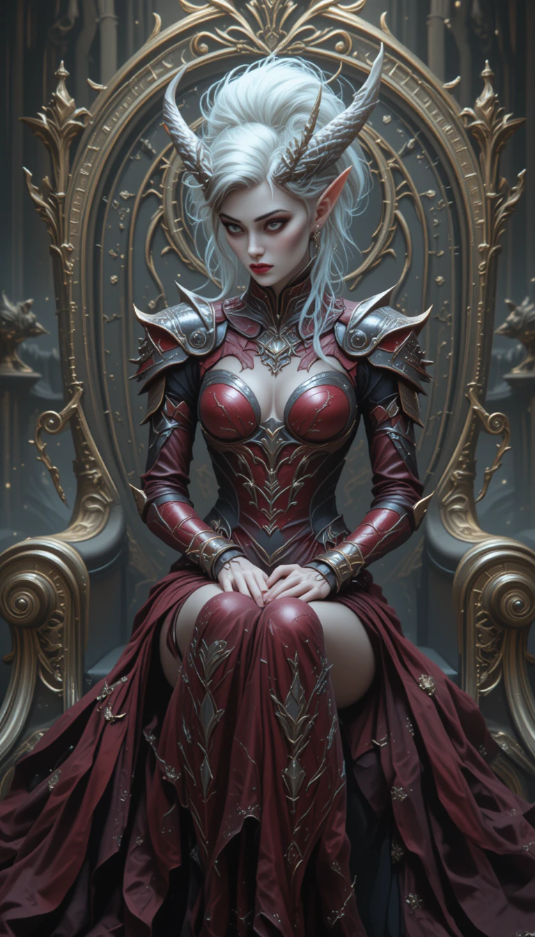 Regal tiefling woman seated on an ornate gilded throne