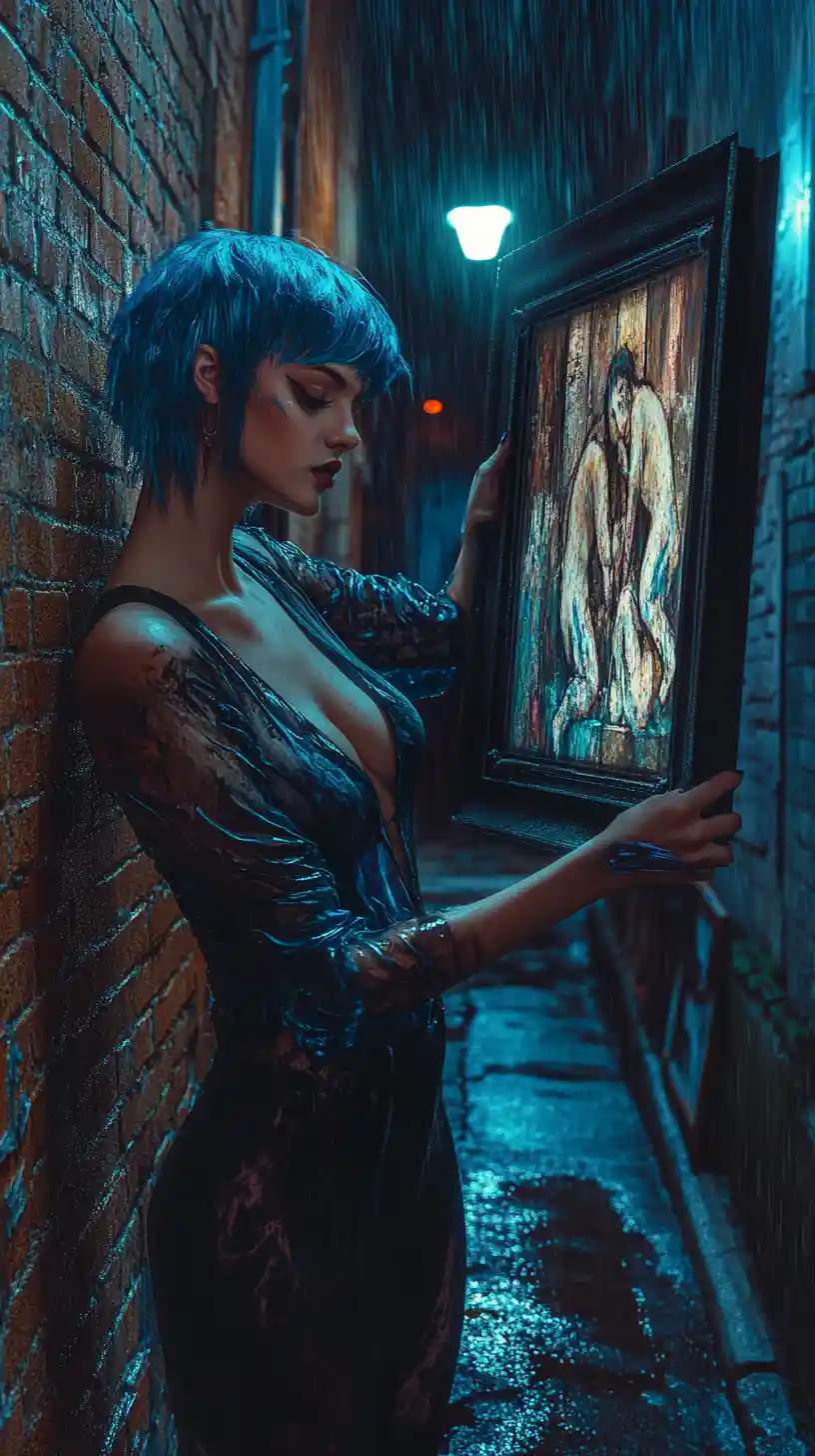 Blue haired artist hanging glowing glass art at midnight