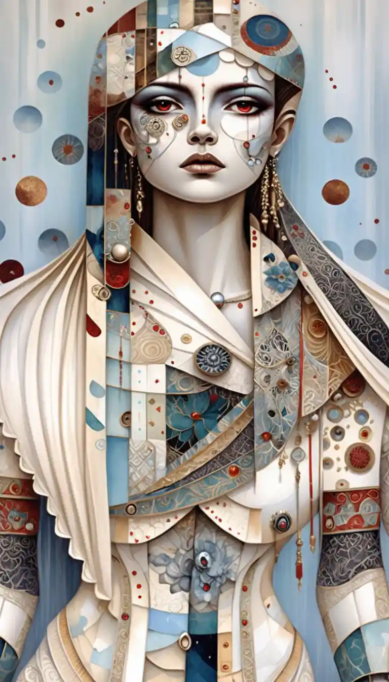 Surreal cyan blue female portrait in intricate collage