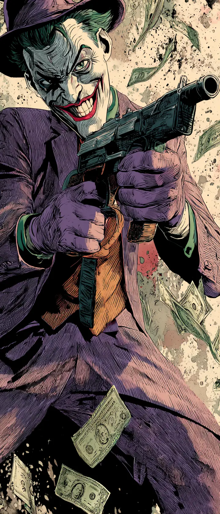 Anime villain robbing a bank with a vintage submachine gun