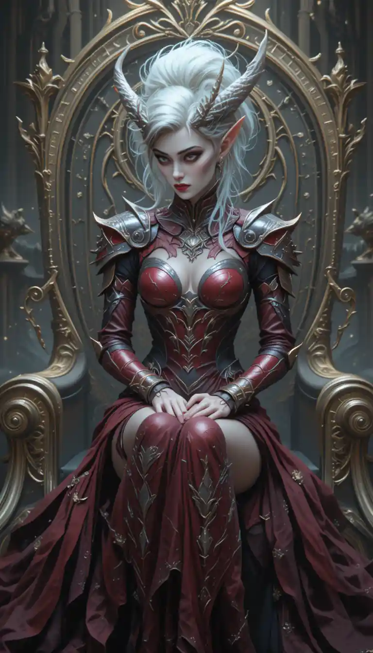 Regal tiefling woman seated on an ornate gilded throne